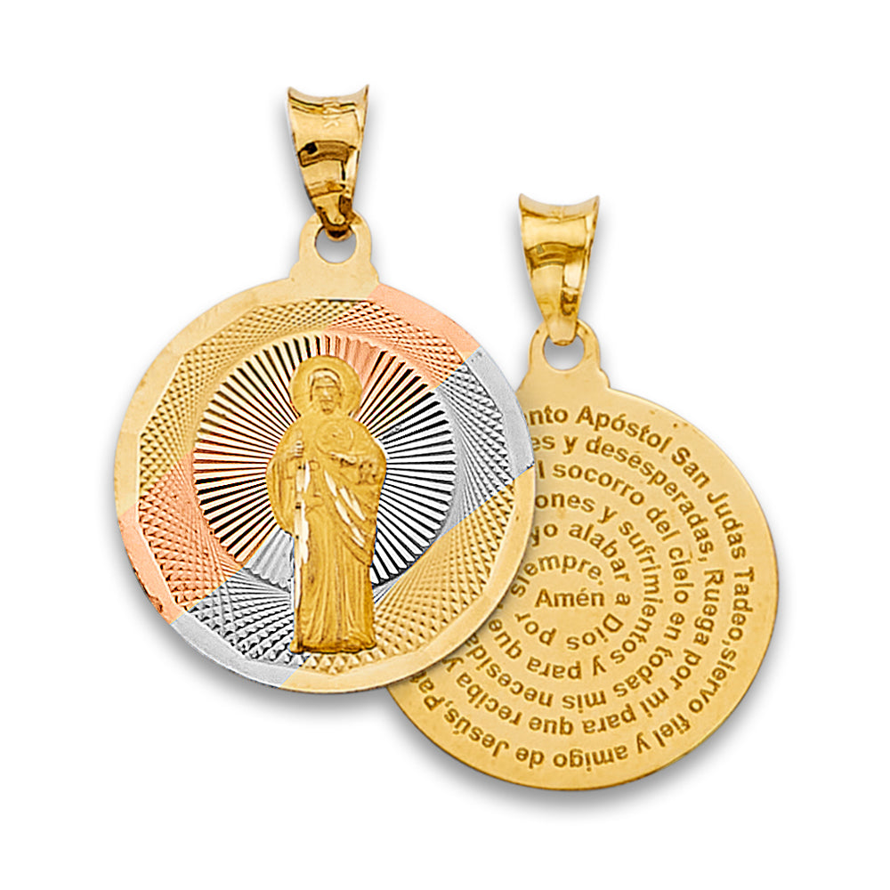 14K Tri-Color Gold Double Sided St. Jude Medallion with Prayer