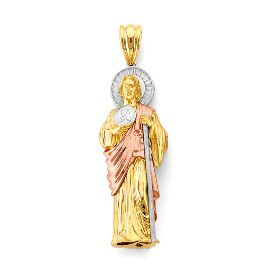 14K Tri-Color Gold Extra Large 3D Saint Jude CZ Pendant 5" Tall