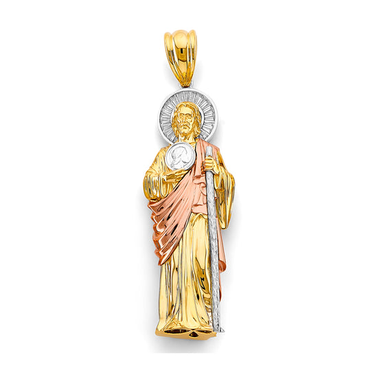 14K Tri-Color Gold Large 3D Saint Jude CZ Pendant 3.5" Tall