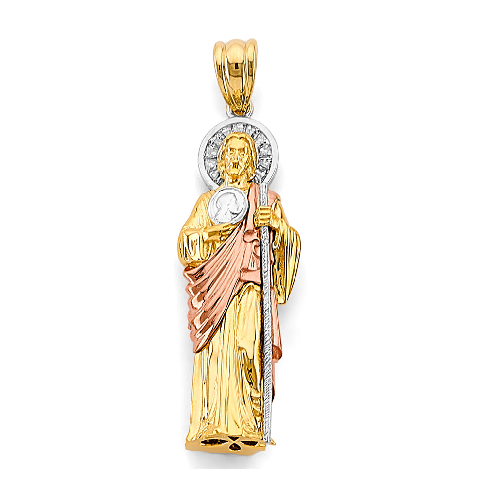 14K Tri-Color Gold 3D Saint Jude CZ Pendant 2" Tall