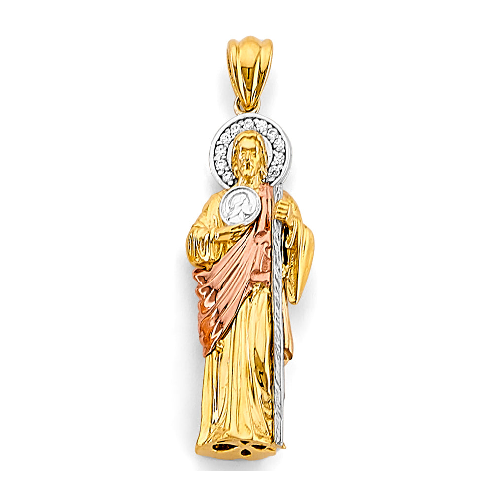 14K Tri-Color Gold 3D Saint Jude CZ Pendant 1.5" Tall