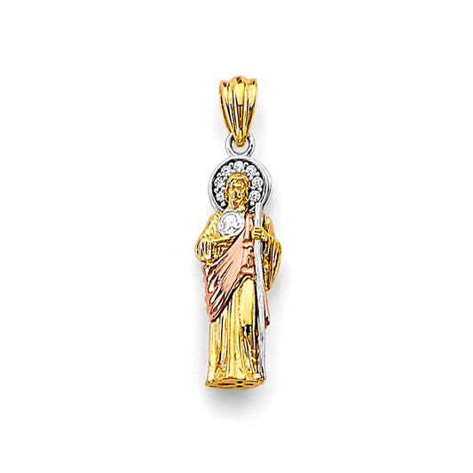 14K Tri-Color Gold 3D Saint Jude CZ Pendant 1" Tall