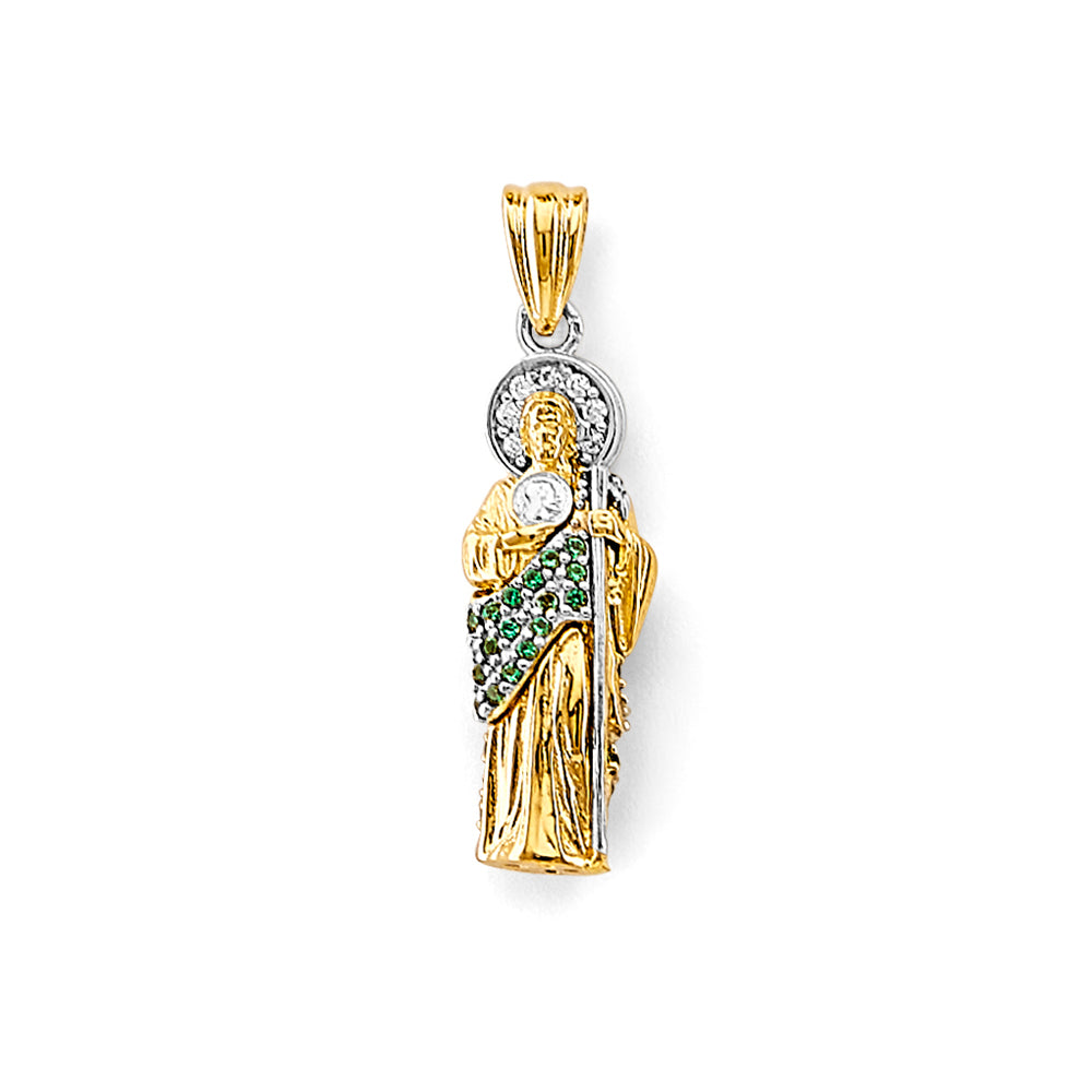 14K Two-Tone Gold 3D Saint Jude Pendant with Green CZ Stones 1" Tall