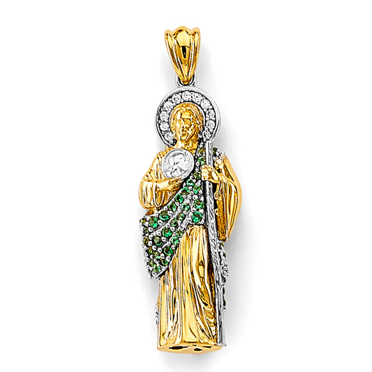 14K Two-Tone Gold 3D Saint Jude Pendant with Green CZ Stones 1.5" Tall