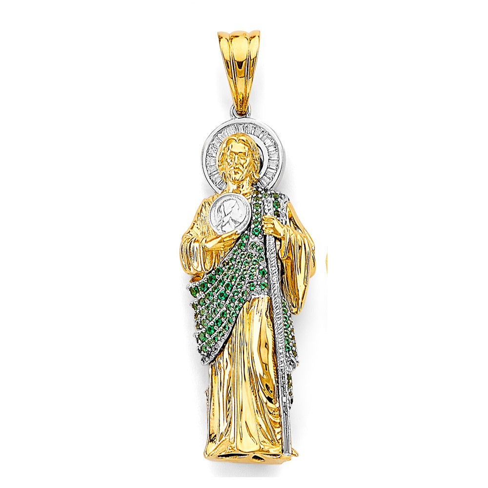 14K Two-Tone Gold 3D Saint Jude Pendant with Green CZ Stones 2.5" Tall