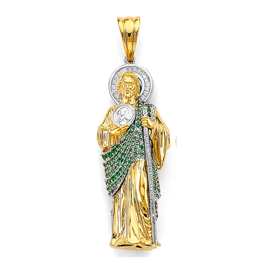 14K Two-Tone Gold 3D Saint Jude Pendant with Green CZ Stones 2.5" Tall