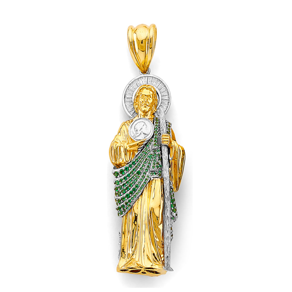 14K Two-Tone Gold 3D Saint Jude Pendant with Green CZ Stones 3.5" Tall