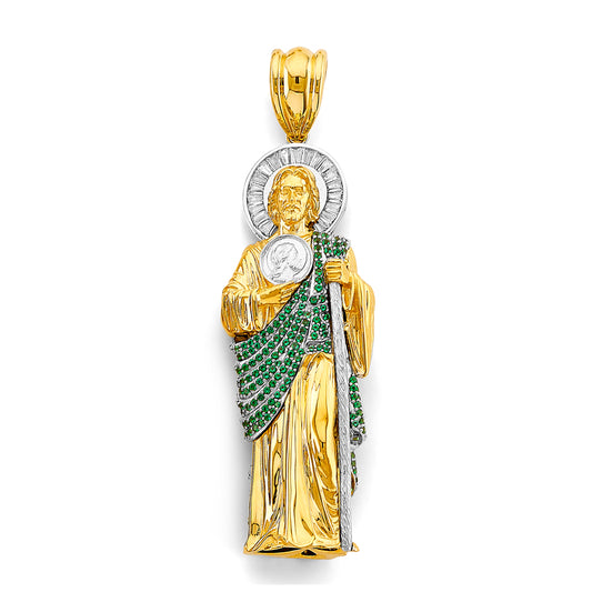 14K Two-Tone Gold 3D Saint Jude Pendant with Green CZ Stones 4" Tall
