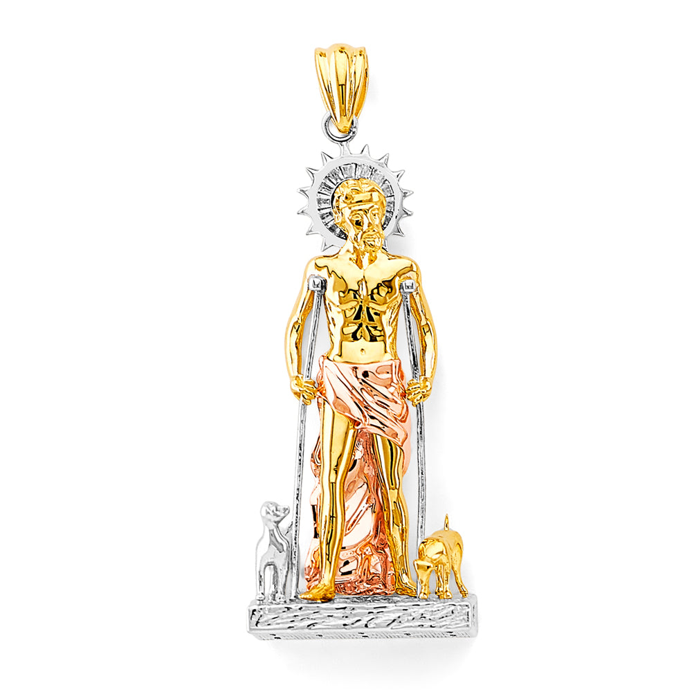 14K Tri-Color Gold 3D Saint Lazarus CZ Pendant 2.5" Tall