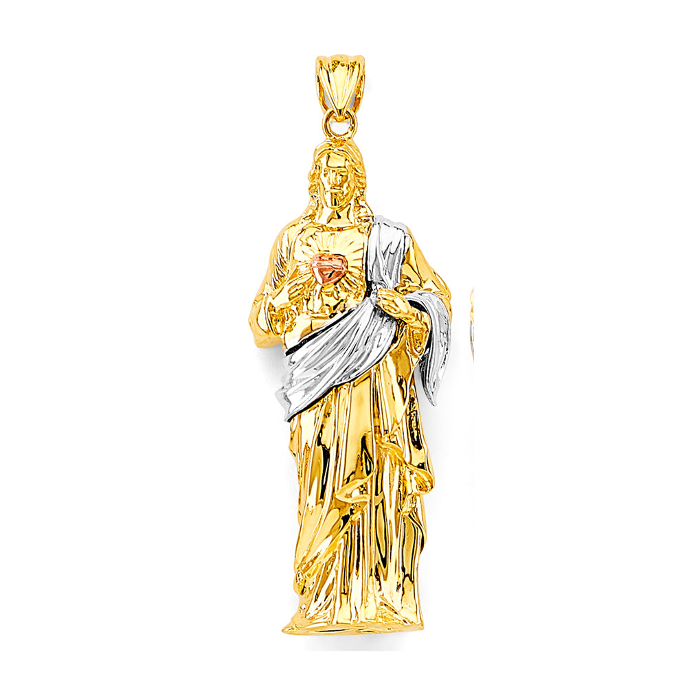 14K Tri-Color Gold 3D Sacred Heart of Jesus Pendant 2.5" Tall