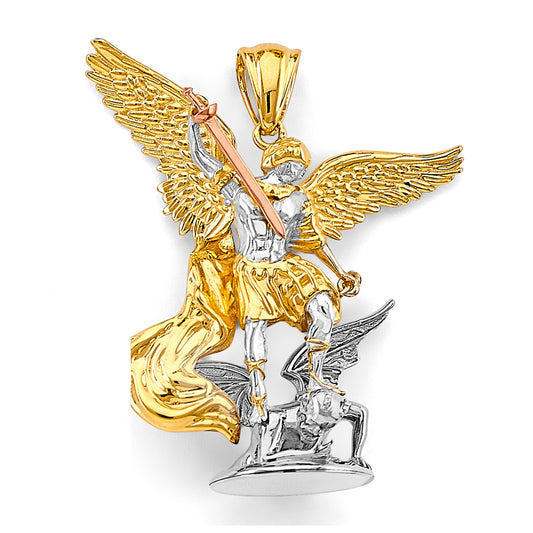 14K Tri-Color Gold 3D Saint Michael the Archangel Pendant 2" Tall