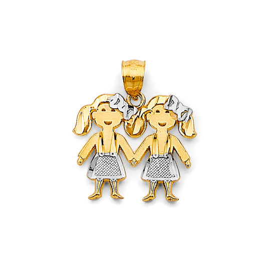 14K Two-Tone Gold Double Little Girls Holding Hands Pendant