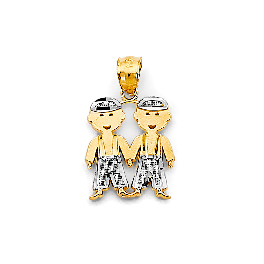 14K Two-Tone Gold Double Little Boys Holding Hands Pendant