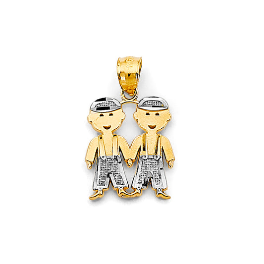 14K Two-Tone Gold Double Little Boys Holding Hands Pendant