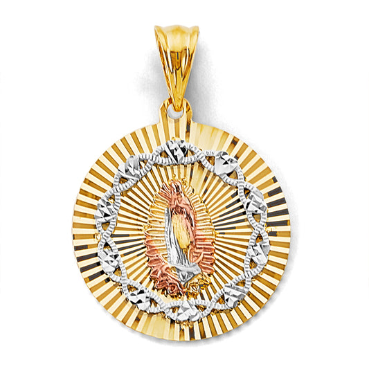 14K Tri-Color Gold Virgin of Guadalupe Diamond-Cut Medallion Pendant