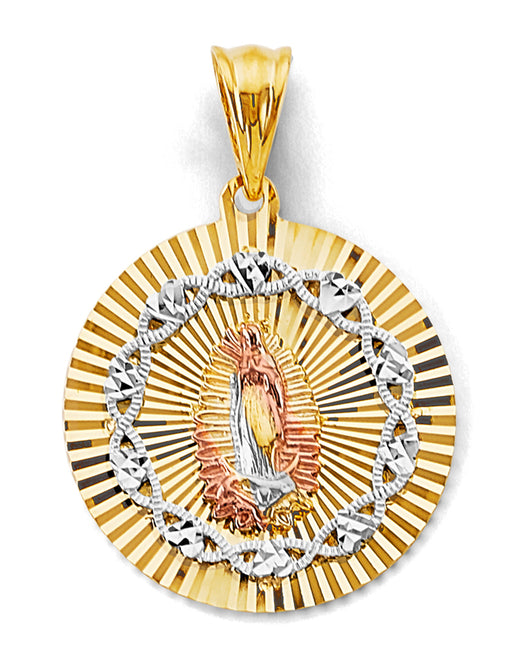 14K Tri-Color Gold Virgin of Guadalupe Diamond-Cut Medallion Pendant