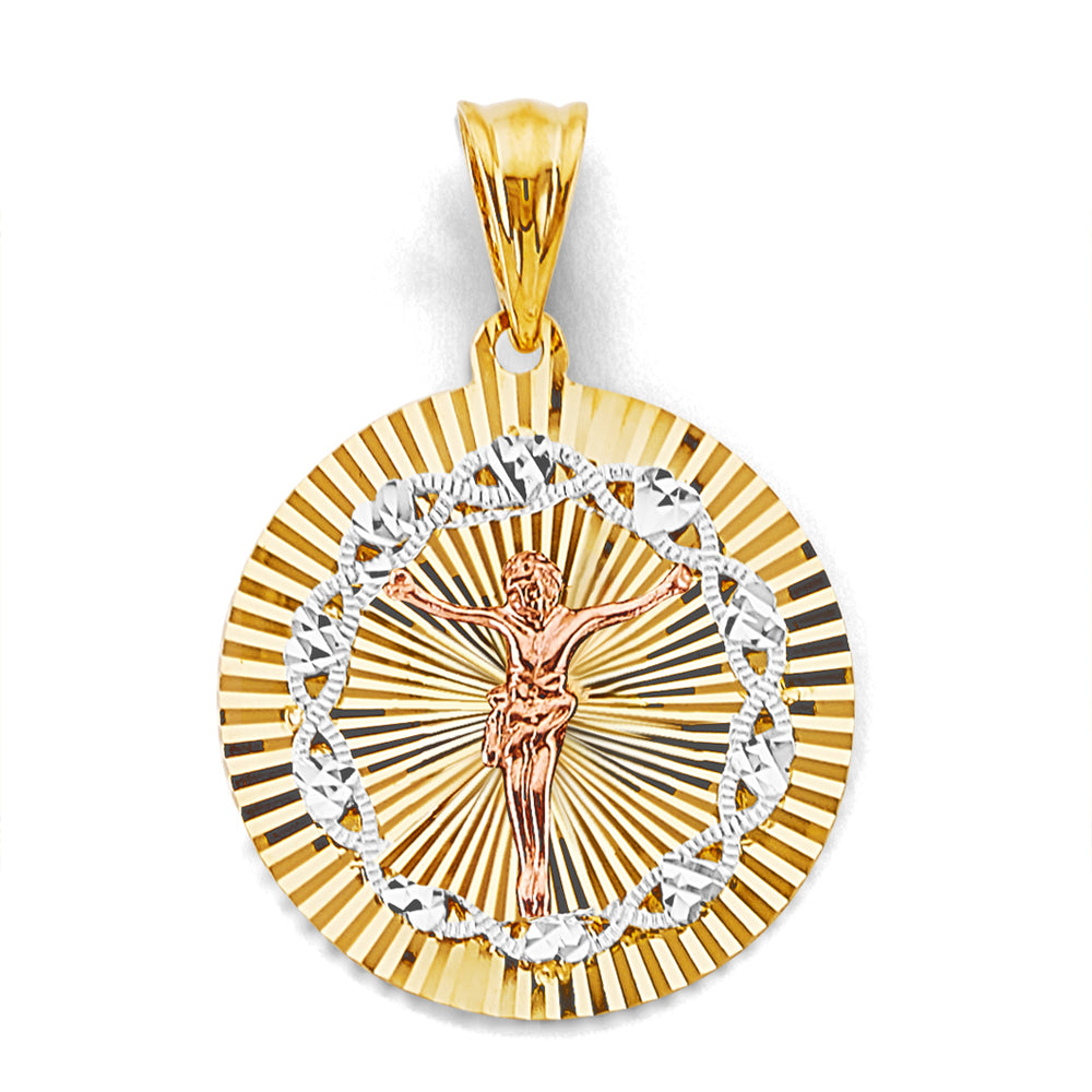 14K Tri-Color Gold Crucifix Diamond-Cut Medallion Pendant