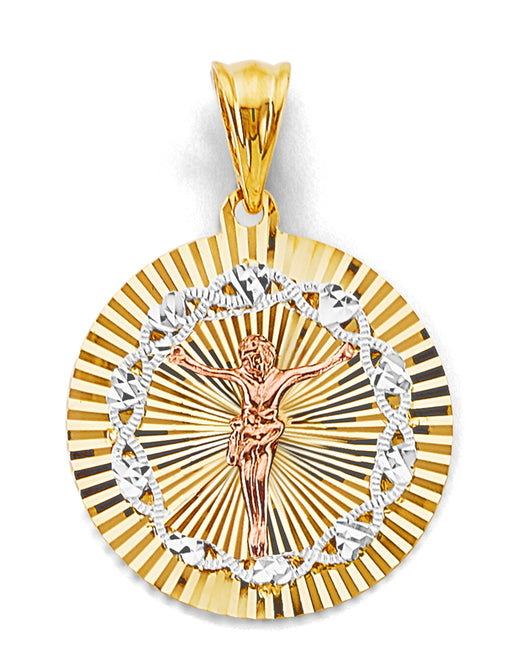 14K Tri-Color Gold Crucifix Diamond-Cut Medallion Pendant
