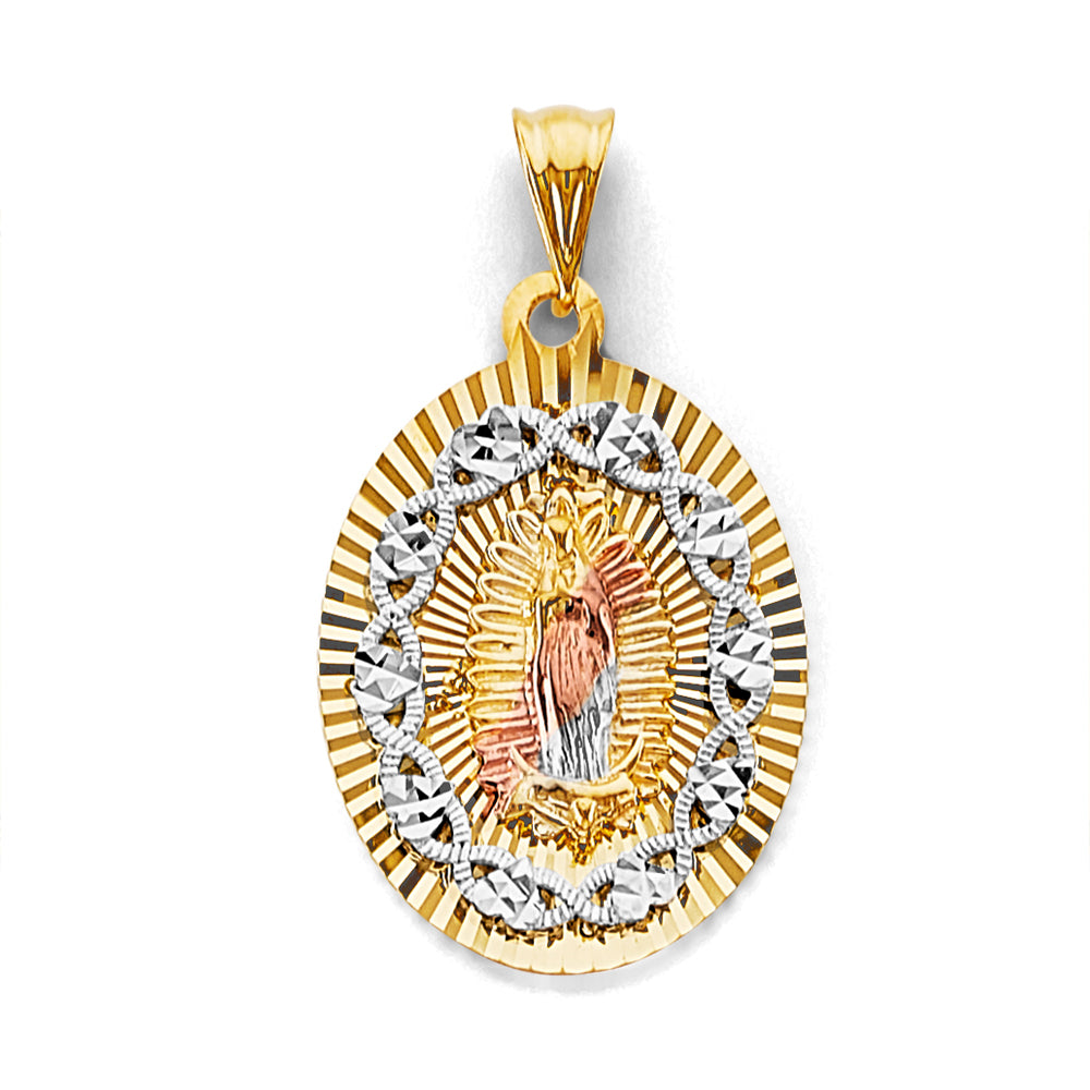 14K Tri-Color Gold Oval Virgin of Guadalupe Diamond-Cut Medallion Pendant