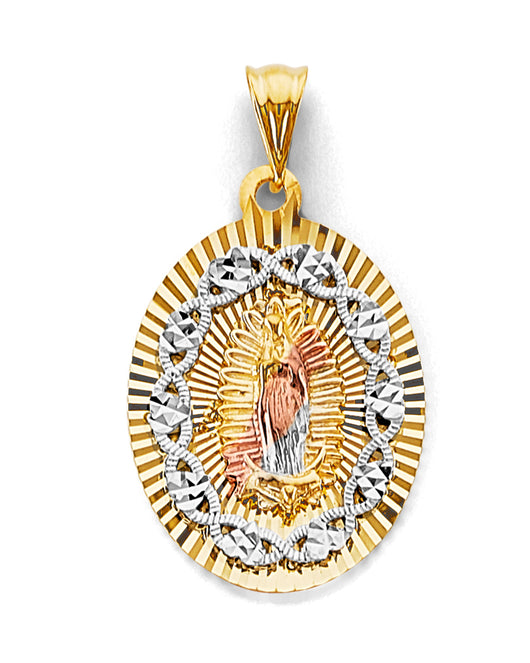 14K Tri-Color Gold Oval Virgin of Guadalupe Diamond-Cut Medallion Pendant