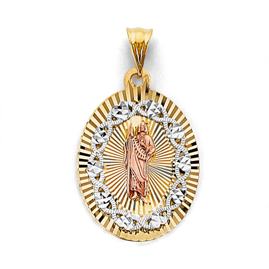14K Tri-Color Gold Oval Saint Jude Diamond-Cut Medallion Pendant