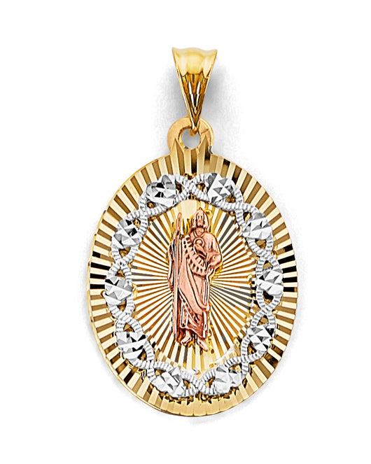 14K Tri-Color Gold Oval Saint Jude Diamond-Cut Medallion Pendant