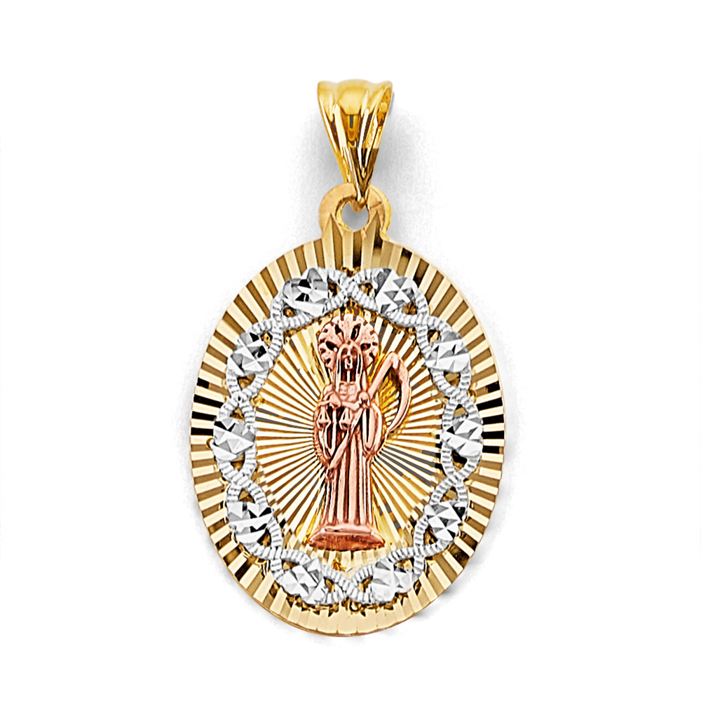 14K Tri-Color Gold Oval Santa Muerte Diamond-Cut Medallion Pendant