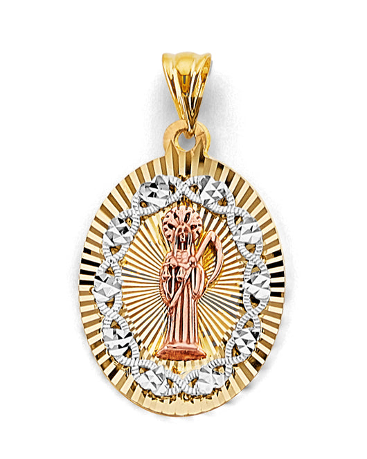 14K Tri-Color Gold Oval Santa Muerte Diamond-Cut Medallion Pendant