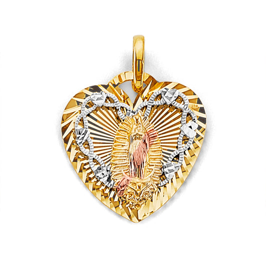 14K Tri-Color Gold Heart Virgin of Guadalupe Diamond-Cut Medallion Pendant