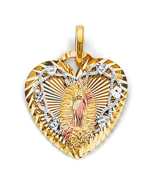 14K Tri-Color Gold Heart Virgin of Guadalupe Diamond-Cut Medallion Pendant