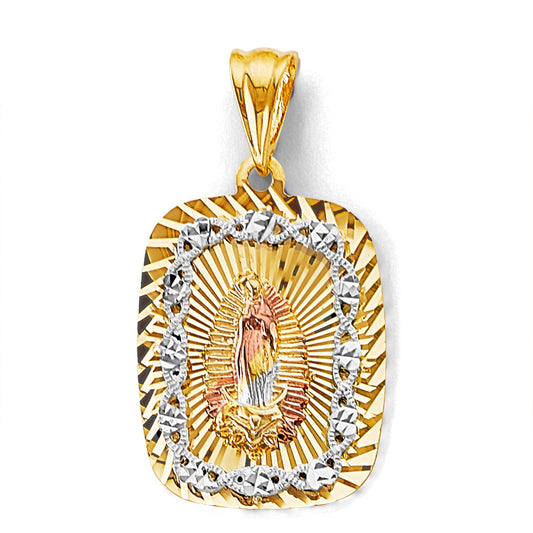 14K Tri-Color Gold Rectangular Virgin of Guadalupe Diamond-Cut Medallion Pendant