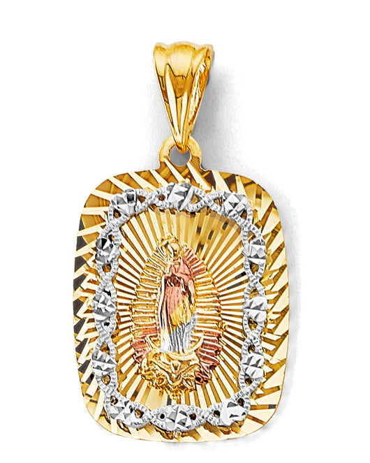 14K Tri-Color Gold Rectangular Virgin of Guadalupe Diamond-Cut Medallion Pendant