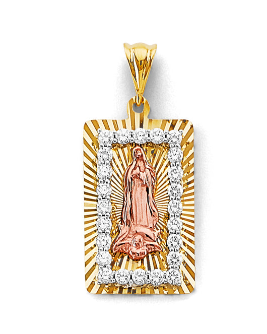 14K Tri-Color Gold Rectangular Virgin of Guadalupe CZ Medallion Pendant