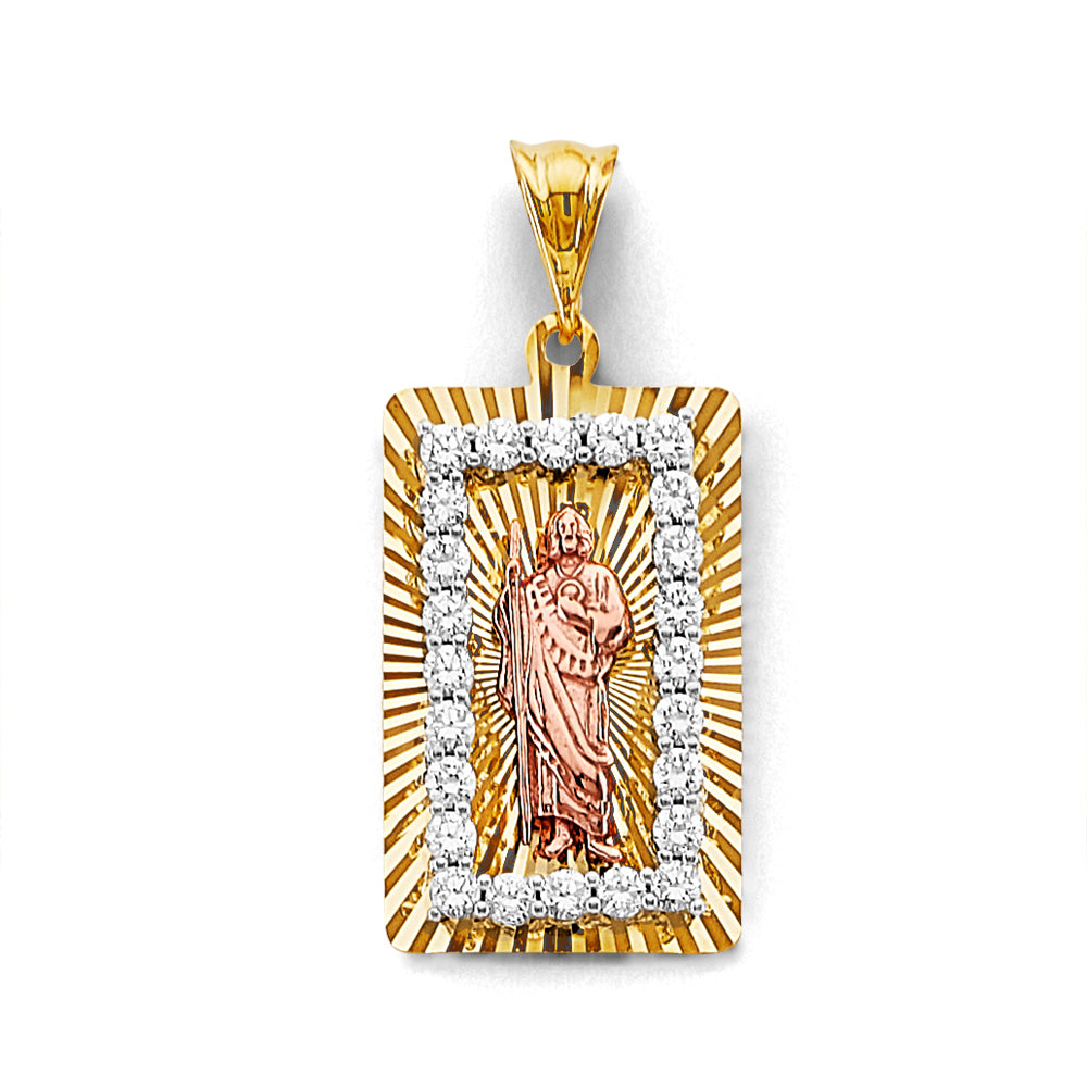 14K Tri-Color Gold Rectangular Saint Jude CZ Medallion Pendant