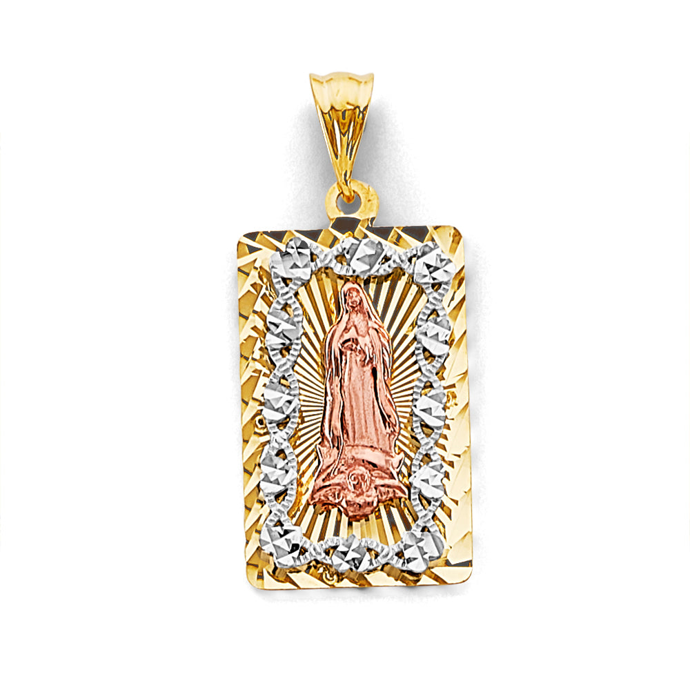 14K Tri-Color Gold Rectangular Virgin of Guadalupe CZ Medallion Pendant