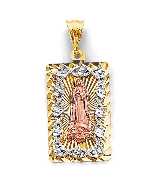 14K Tri-Color Gold Rectangular Virgin of Guadalupe CZ Medallion Pendant