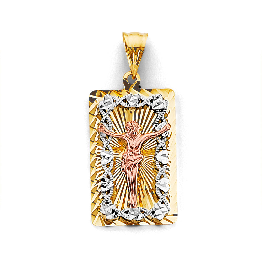 14K Tri-Color Gold Rectangular Crucifix CZ Medallion Pendant