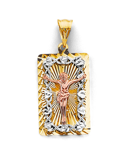 14K Tri-Color Gold Rectangular Crucifix CZ Medallion Pendant