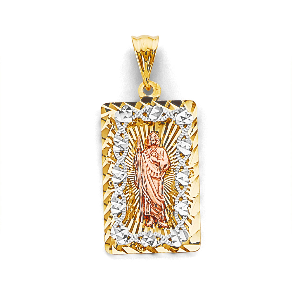 14K Tri-Color Gold Rectangular Saint Jude CZ Diamond-Cut Medallion Pendant