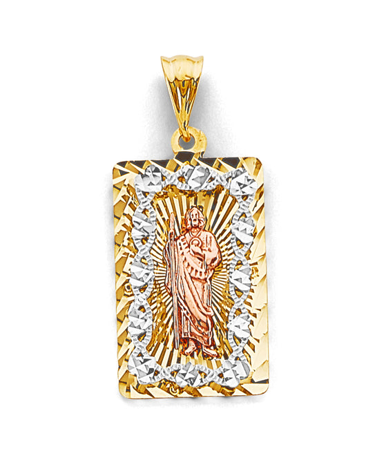 14K Tri-Color Gold Rectangular Saint Jude CZ Diamond-Cut Medallion Pendant