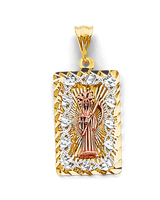 14K Tri-Color Gold Rectangular Santa Muerte CZ Diamond-Cut Medallion Pendant