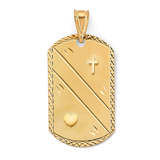 14K Yellow Gold Cross & Heart Dog Tag Pendant