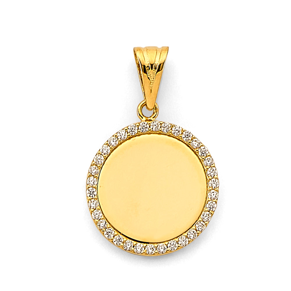 14K Yellow Gold Round Engravable / Personalizable CZ Pendant