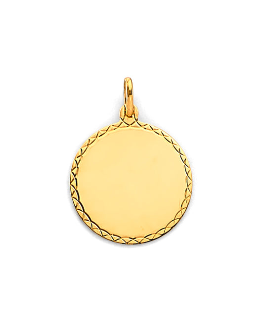 14K Yellow Gold Diamond-Cut Edge Engravable / Personalizable Round Pendant