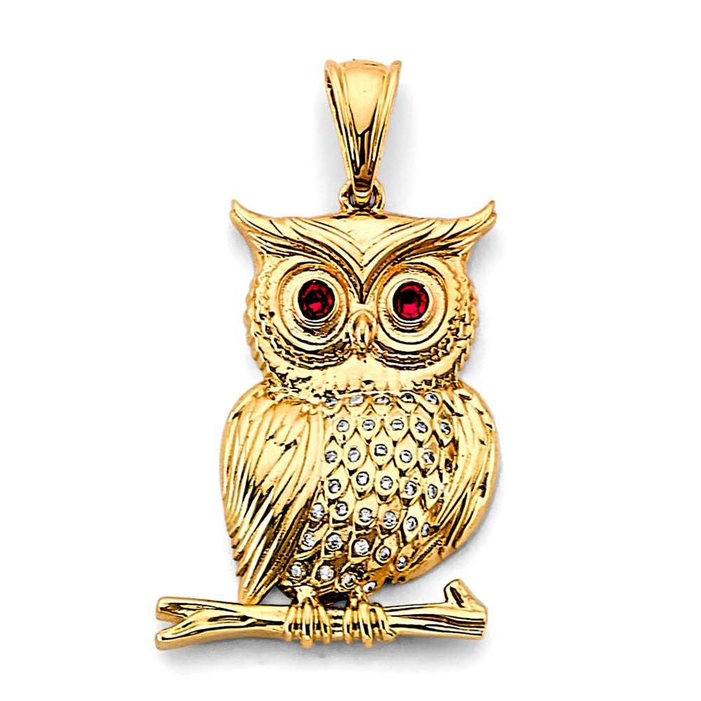 14K Yellow Gold Owl Red CZ and White CZ Pendant 1.6" Tall