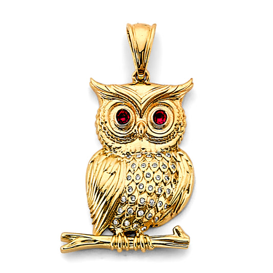 14K Yellow Gold Owl Red CZ and White CZ Pendant 1.6" Tall