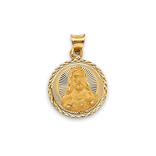 14K Yellow Gold Sacred Heart of Jesus Diamond-Cut Round Medallion Pendant aprox 1" tall
