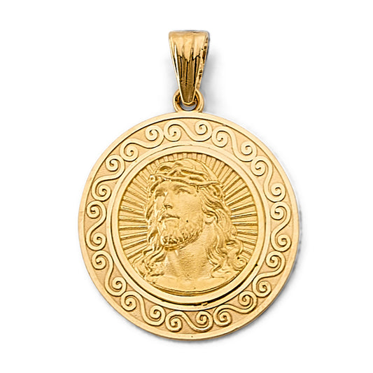 14K Yellow Gold Crown of Thorns Jesus Filigree Round Medallion Pendant aprox 1 1/2" tall