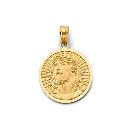 14K Yellow Gold Crown of Thorns Jesus Sunburst Round Medallion Pendant aprox 1" tall