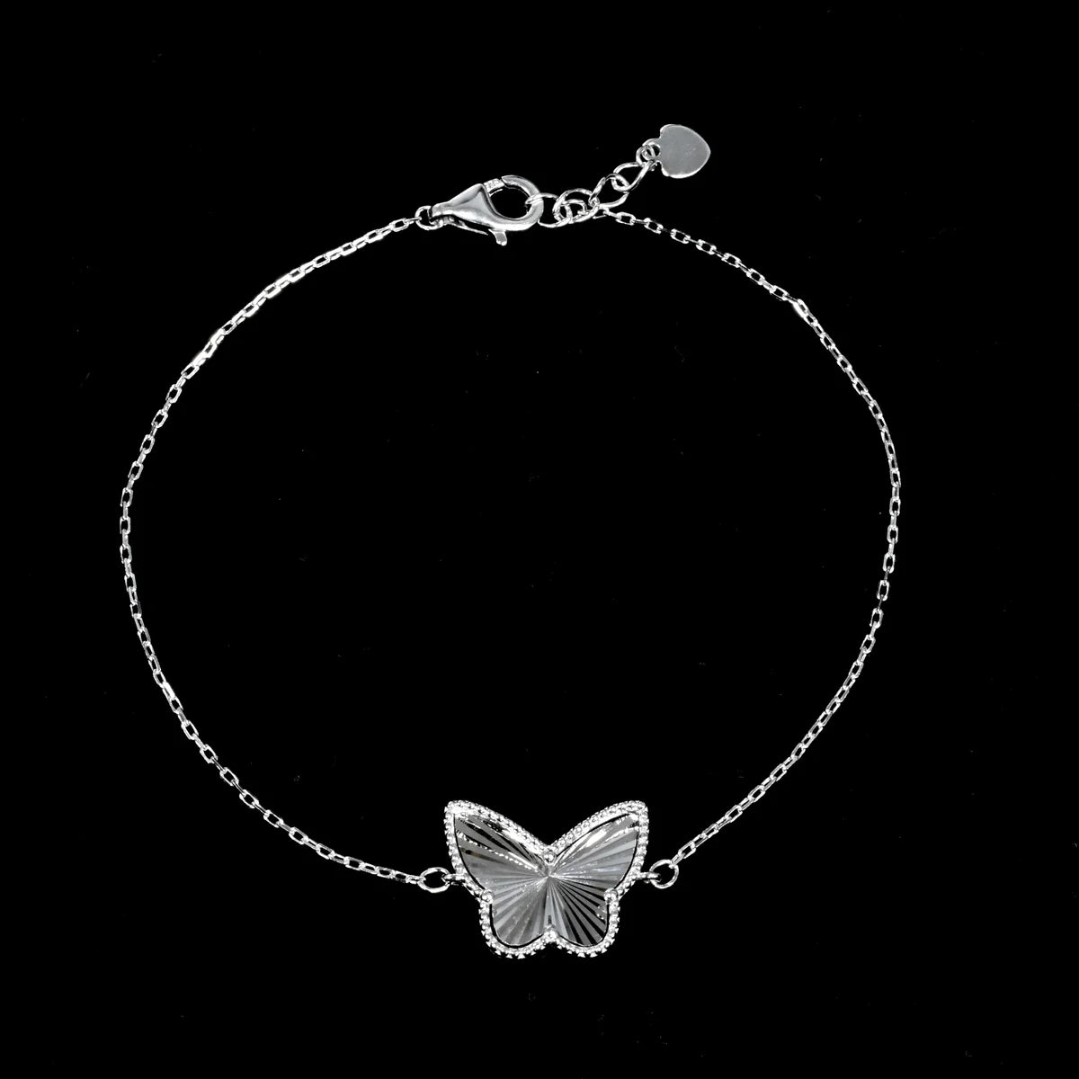 925 Sterling Silver Rhodium Plated Diamond Cut Butterfly Charm 15.3mm x 12mm Adjustable Bracelet